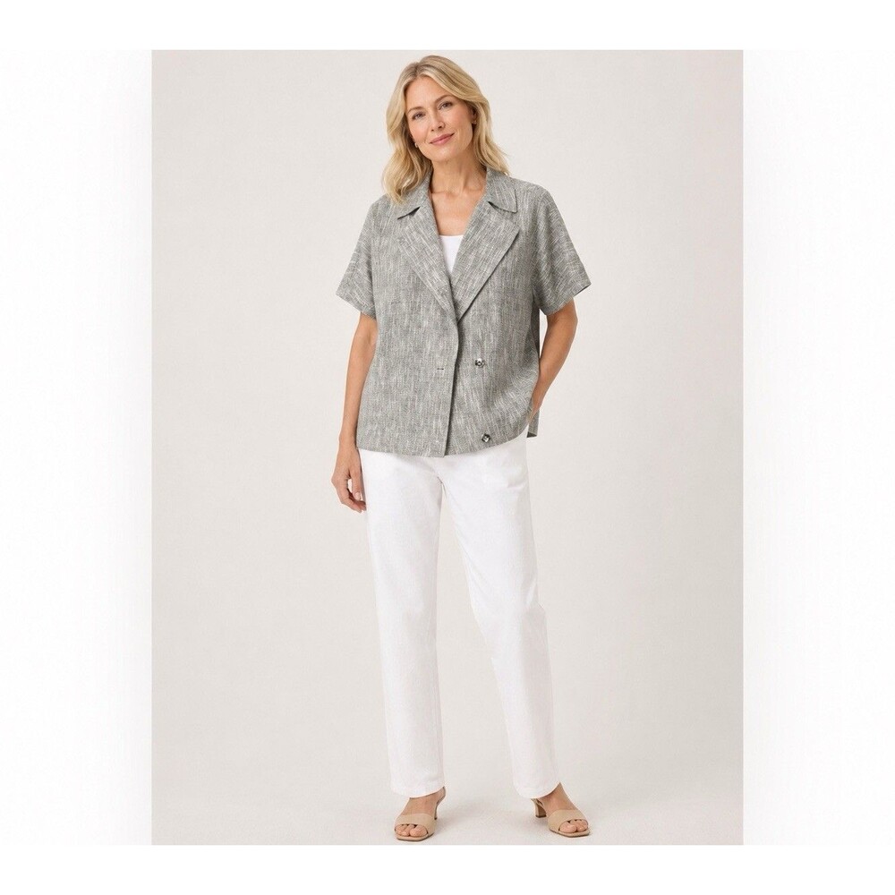 EILEEN FISHER Pearl Gray Cotton Linen Linear Slub Asymmetrical Boxy Jacket Med